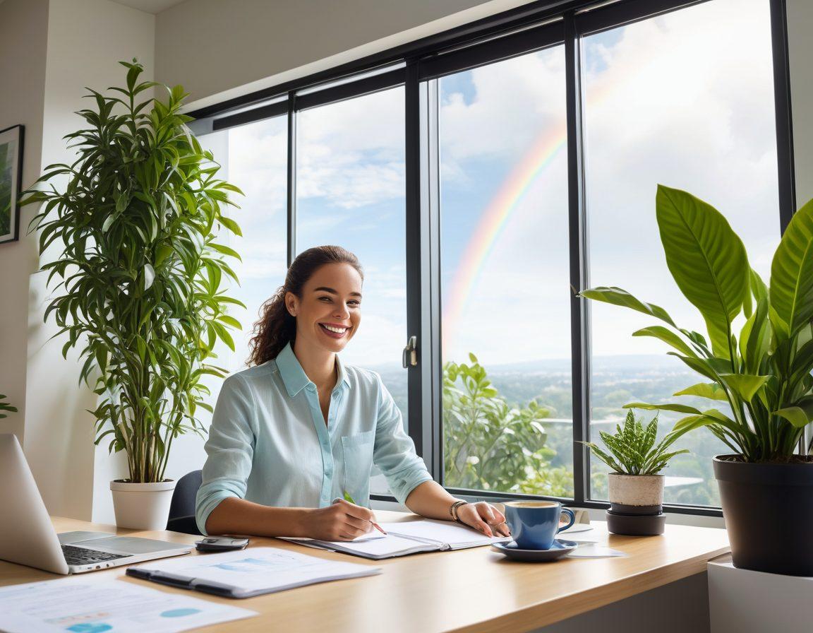 A serene office environment with a clear blue sky visible through a large window, showcasing a person smiling while using advanced document services technology. The desk is clutter-free, adorned with a plant and a cup of coffee. In the background, a subtle rainbow arcs gracefully, symbolizing cheer and efficiency. The overall atmosphere is bright and inviting. super-realistic. vibrant colors. white background.
