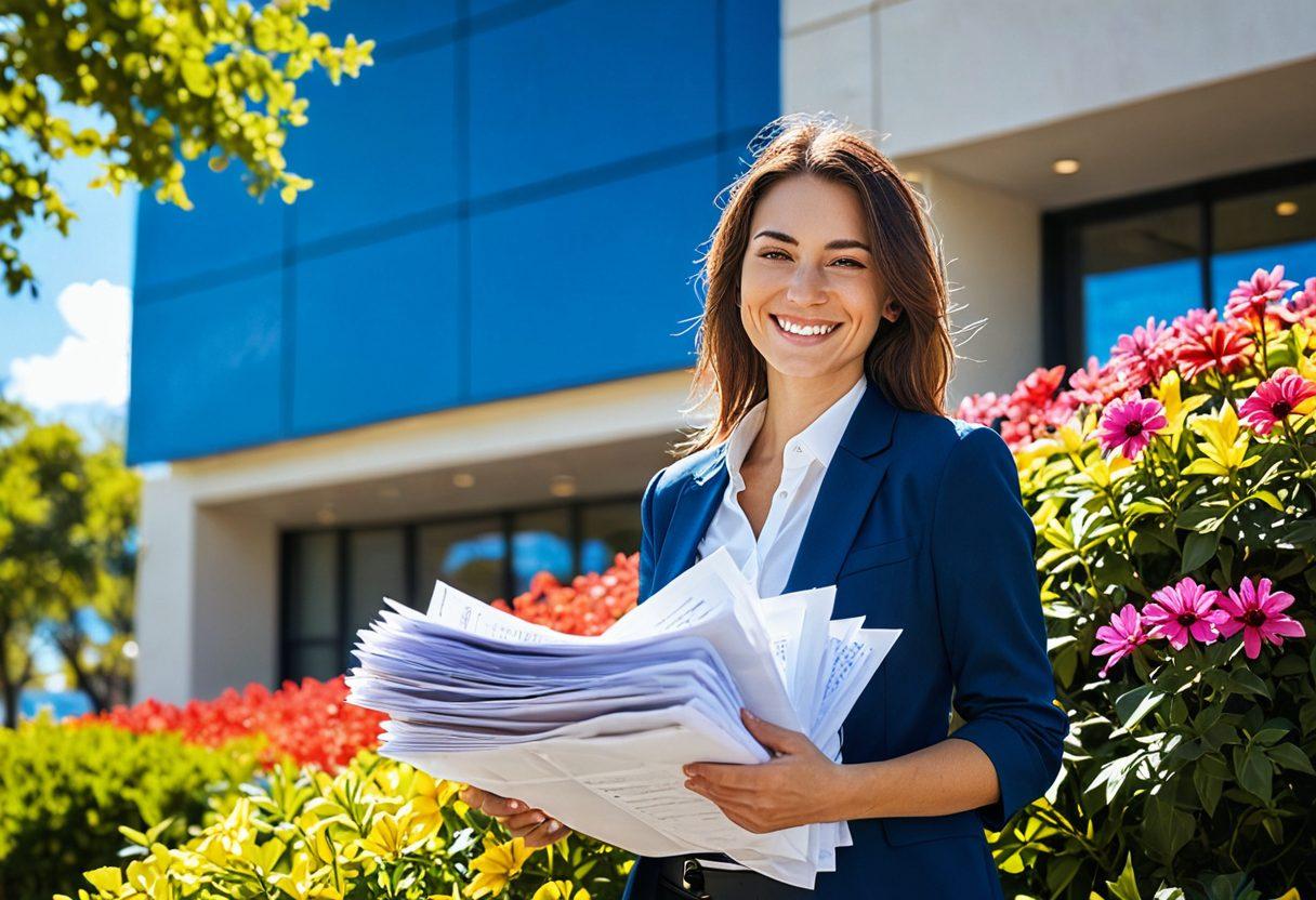 A bright and uplifting scene depicting a smiling person holding a well-organized stack of documents, surrounded by sunny rays and colorful flowers, symbolizing the joy of efficient NJ Document Services. Include elements like a vibrant blue sky and a soft, inviting office space in the background to evoke a sense of tranquility and happiness. super-realistic. vibrant colors. soft focus.