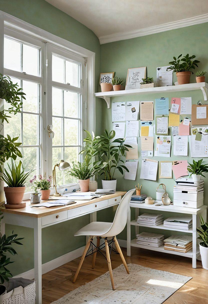 A bright and uplifting workspace with documents scattered around, symbolizing the transition from chaos to organization. An open window lets sunlight stream in, illuminating a serene environment filled with green plants and motivational quotes on the walls. A person joyfully organizing papers, representing positivity and productivity. Soft pastel colors enhance the atmosphere of calmness and well-being. vibrant colors. painting.
